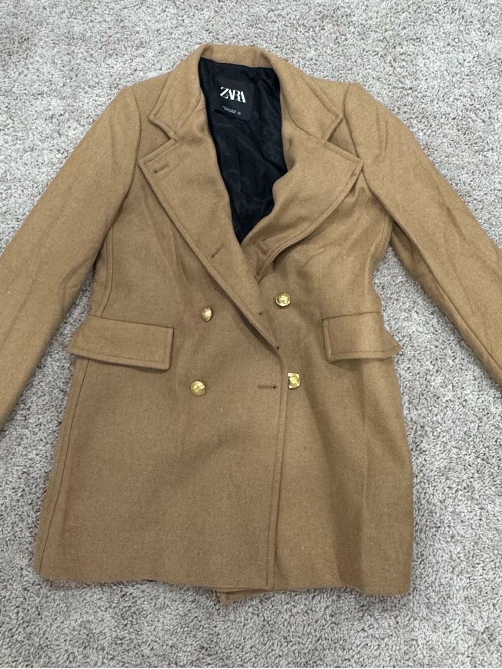Zara Camel Double-Breasted Pea Coat with Gold Buttons